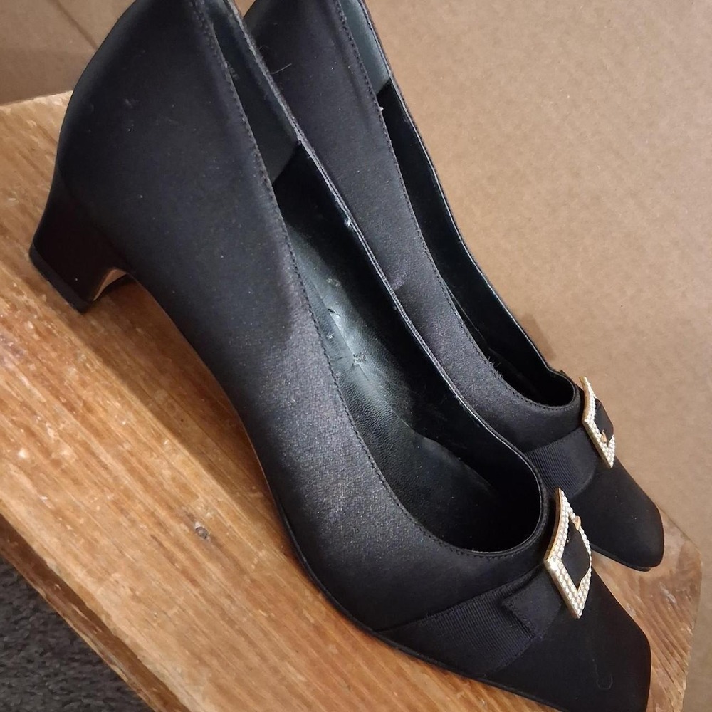 Womens Black satin heels with gold‎ buckle and rhinestone detail Goth Halloween